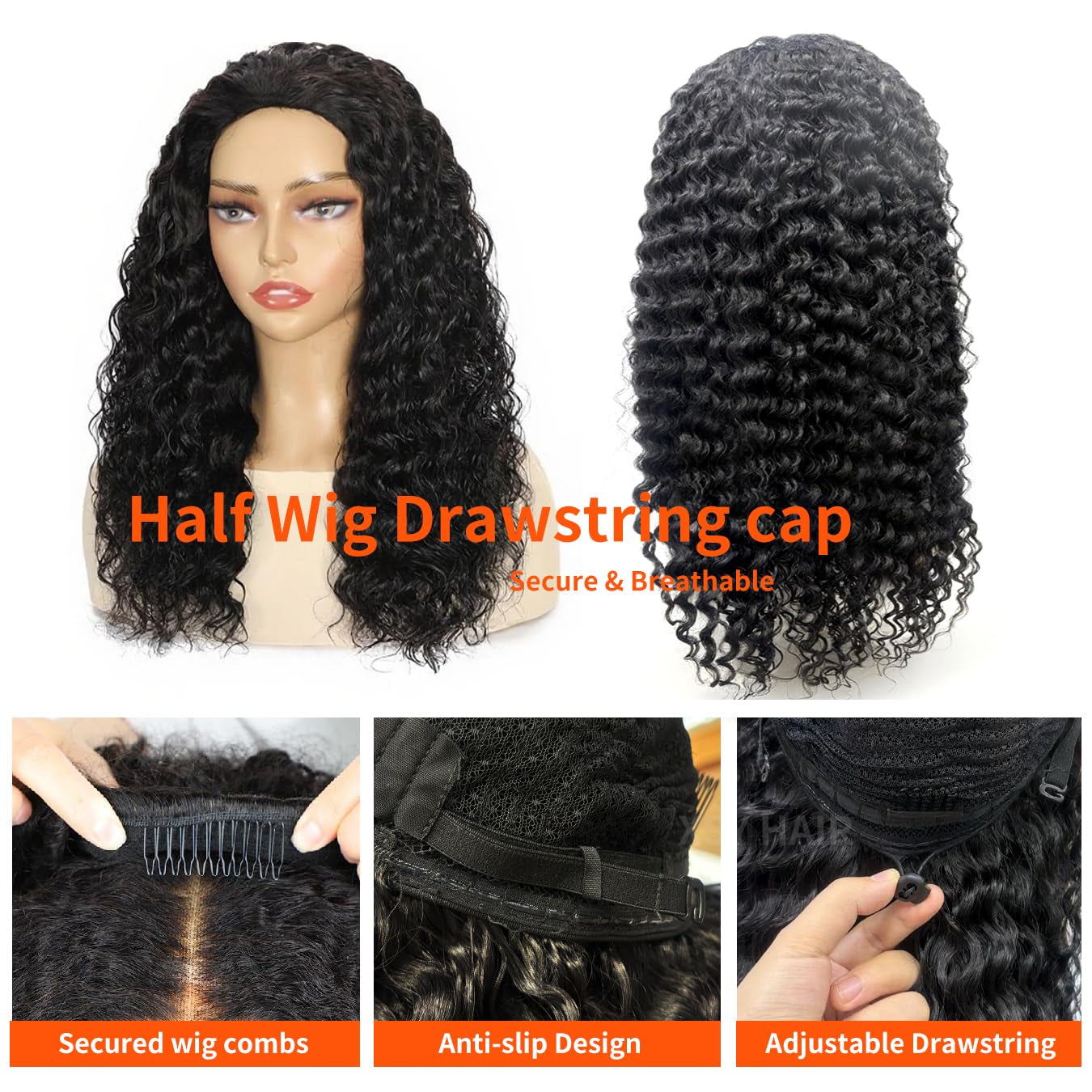Half Wig Human Hair Deep Wave for Black Women 20 Inch Natural Colour | Curly Half Wigs for Women 3 in 1 Drawstring Flip over Glueless Wear Go Beginner Friendly 150% Density, Quick Install