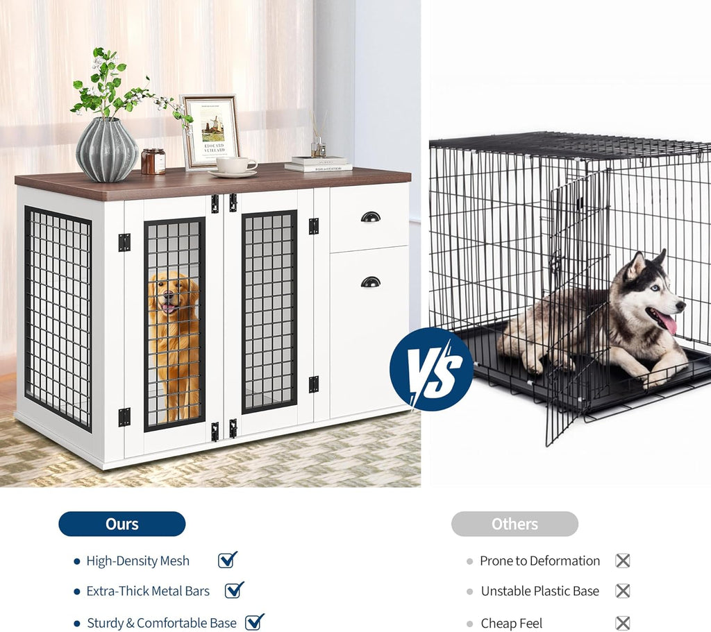 44 Inch Dog Crate Furniture, Large Dog Crate Furniture with Drawer Sand Side Cabinets, Wooden Dogs Kennel Indoor for Small Medium Large Dogs, White