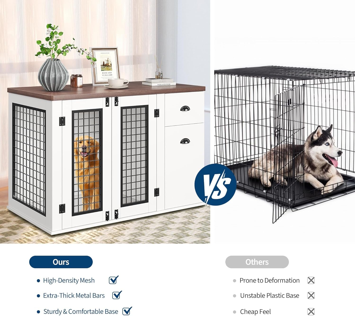 44 Inch Dog Crate Furniture, Large Dog Crate Furniture with Drawer Sand Side Cabinets, Wooden Dogs Kennel Indoor for Small Medium Large Dogs, White