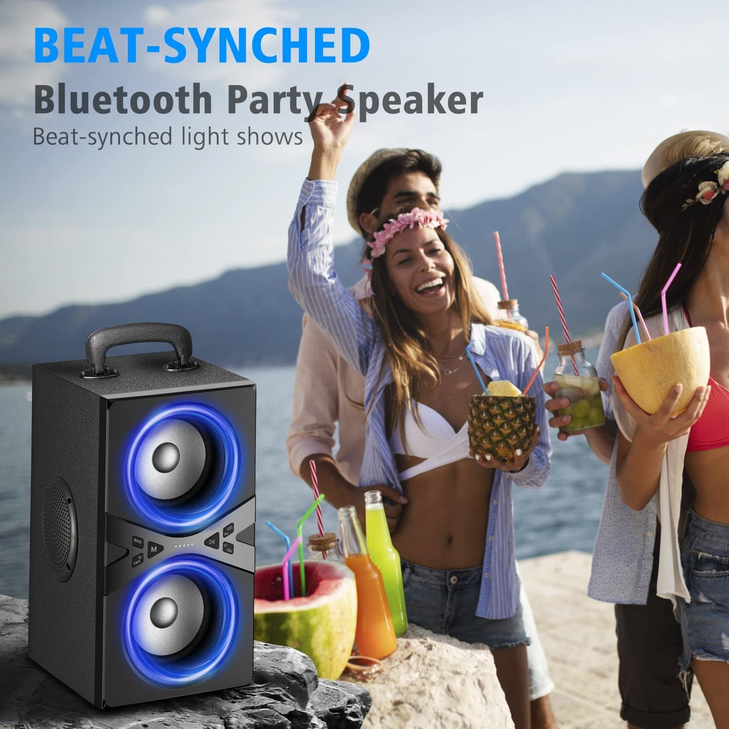 Bluetooth Speakers, Wireless TWS Portable Speaker with Lights,100Db Loud Subwoofer 80W(Peak) Stereo Sound, Bassup Technology, Long Playtime for Outdoor Party