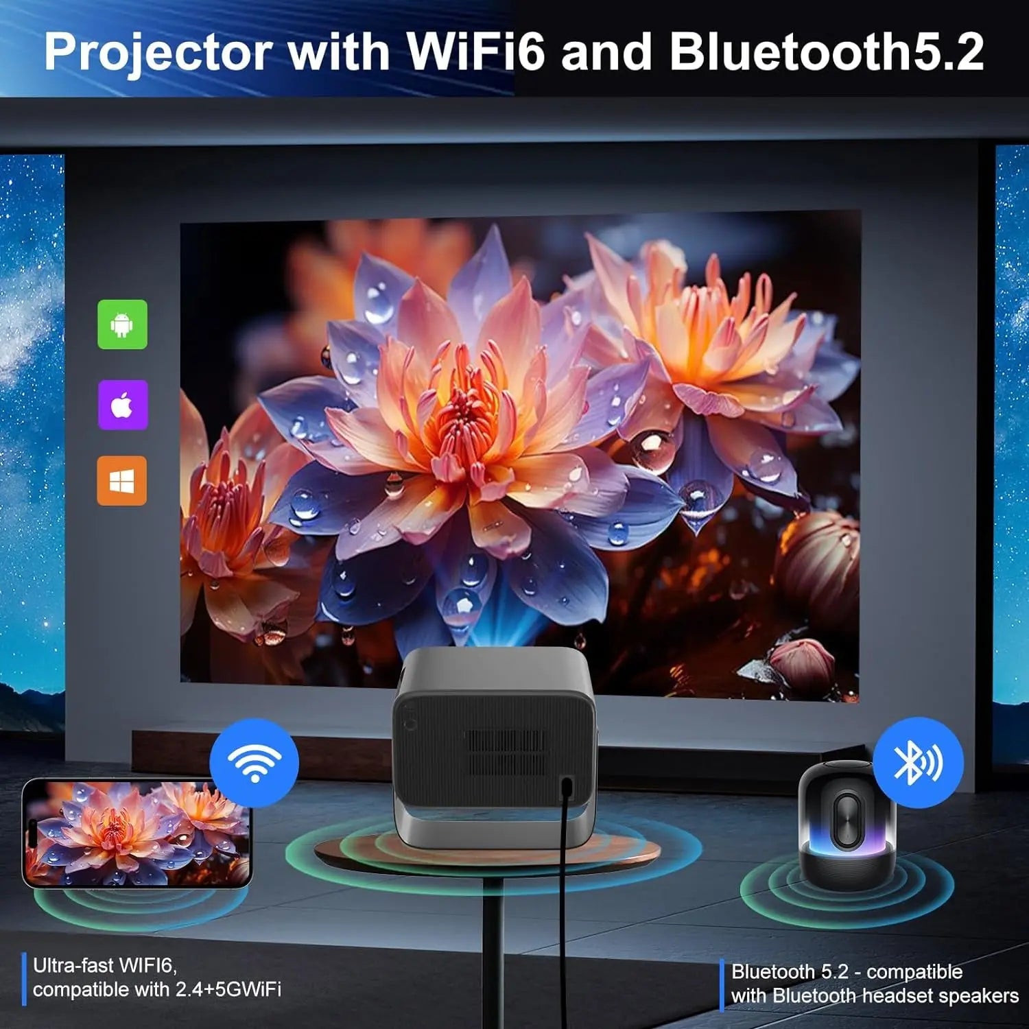 [Auto Focus/Keystone] Smart Projector 4K with Android 9.0 1080P Native 500 ANSI, Ceiling Projector with Wifi 6 and Bluetooth Object Avoidance, and Screen Adaption（Grey）