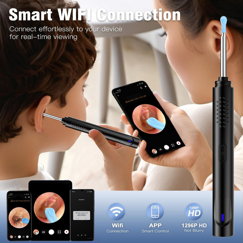 Ear Wax Removal, Ear Cleaner with Camera with 1296P, Earwax Removal Kit with 9 Ear Pickand 8 Traditional Tools, Built-In Wifi Lp67 Waterproof, Ear Cleaning Kit Foriphone,Ipad,Android (Black)