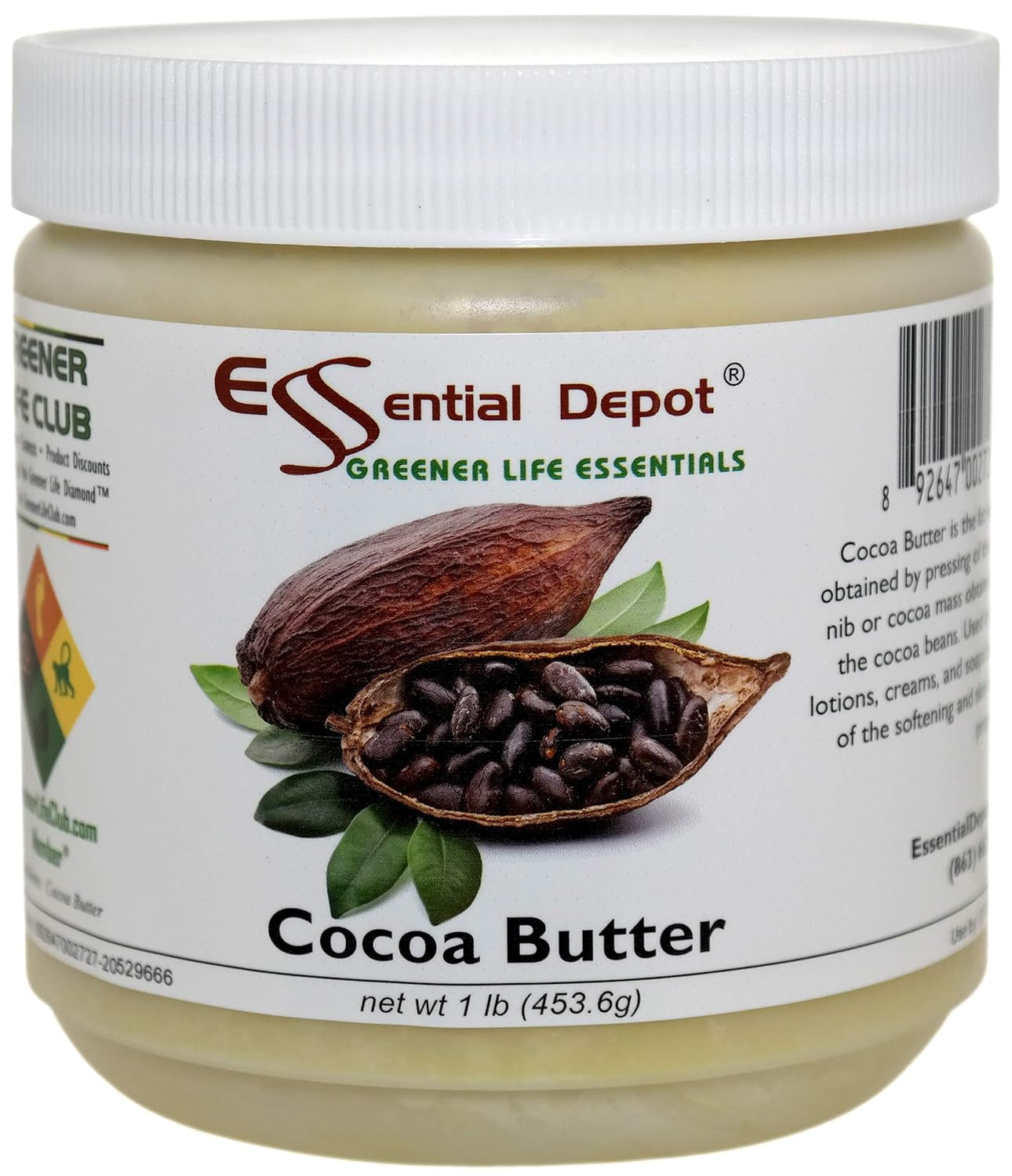 Cocoa Butter - Kosher - Raw - Unrefined - Natural Cocoa Scent - 1 Lb - Used in Creams, Lotions, Balms, Body Butters and Many Other Skin Care Products - Safety Sealed HDPE Container with Resealable Cap