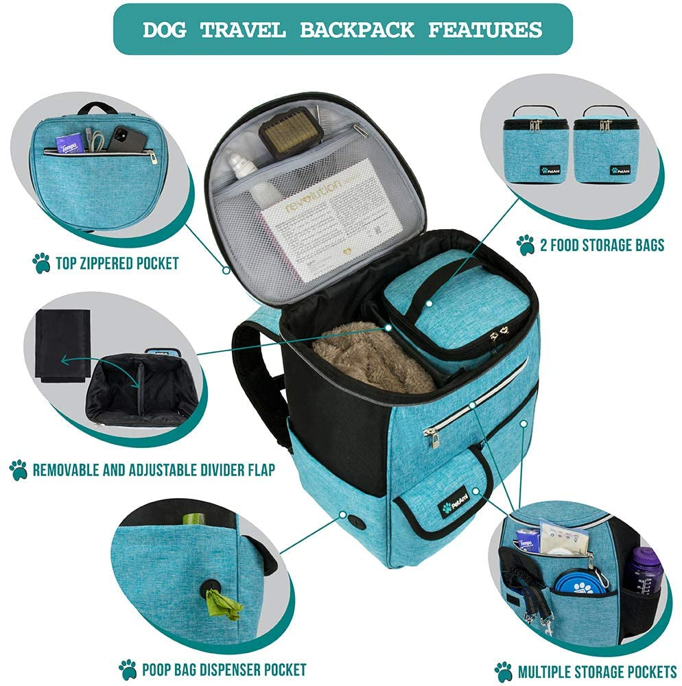 Dog Travel Backpack 27L Airline Approved Pet Supplies Bag, Teal Blue | Cat Traveling Suitcase Organizer for Weekend Road Trip Camping; 2 Food Containers, 2 Collapsible Bowls & Poop Bag Dispenser