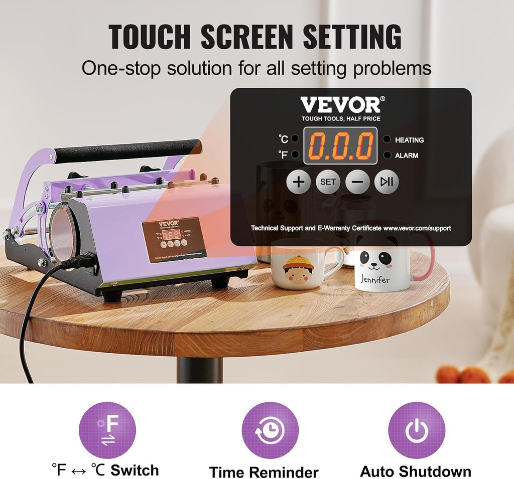 Tumbler Heat Press Machine, 11-30Oz Mug Press, Heat up Fast and Even, Tumbler Press with Sublimation Paper, Tape and Gloves, Temp and Time Setting, for Sublimation Tumblers, Cups, Mugs, Purple
