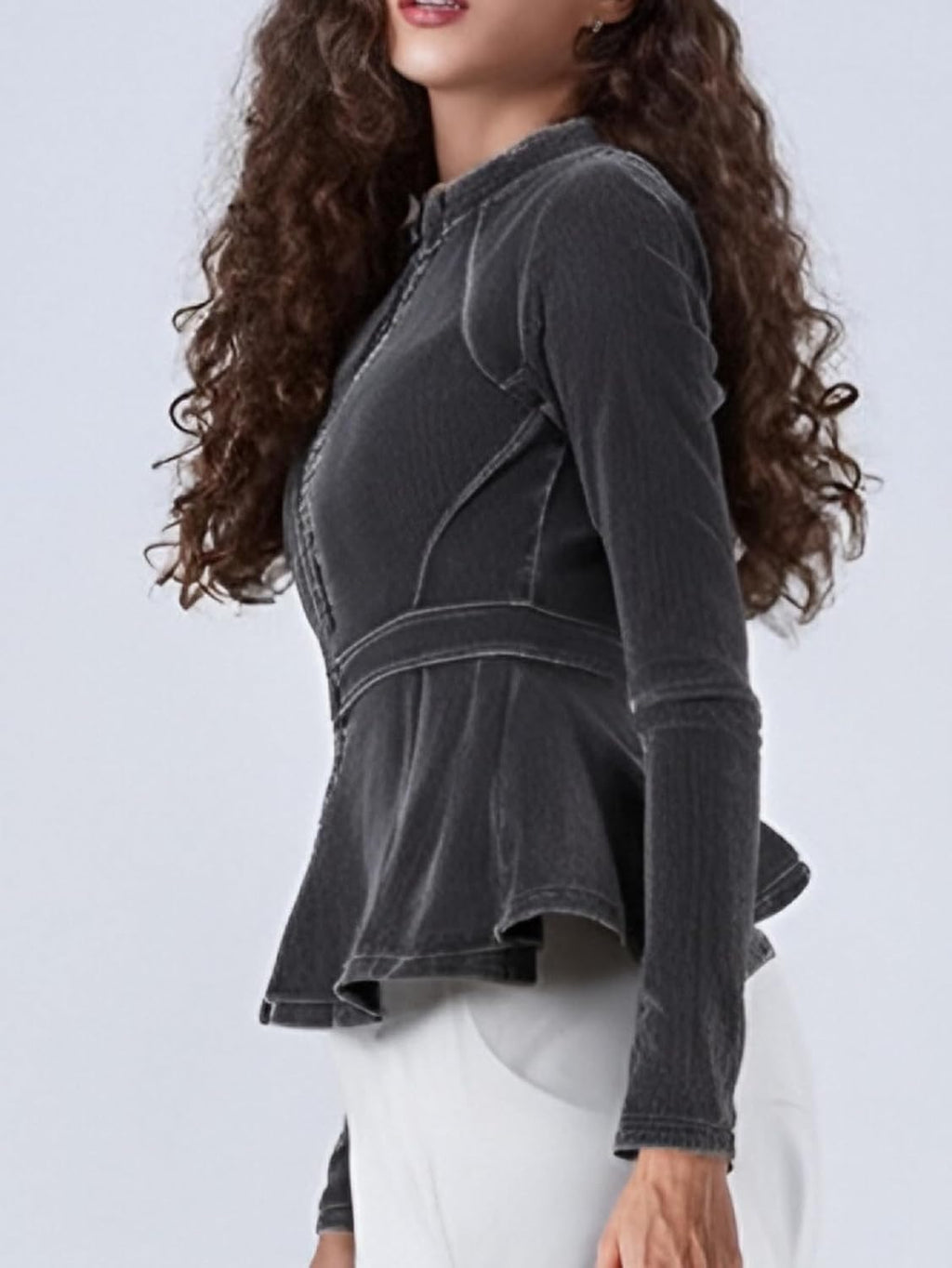 Casual Denim Peplum Jacket for Women Long Sleeve Zip Front Athletic Workout Ruffle Blazer Coats