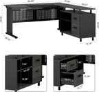 63 Inch Executive Desk with File Cabinet, Large Office Desk L Shaped Computer Desk with Drawers and Storage Shelves, Business Furniture Desk Workstation for Home Office, Gray and Black