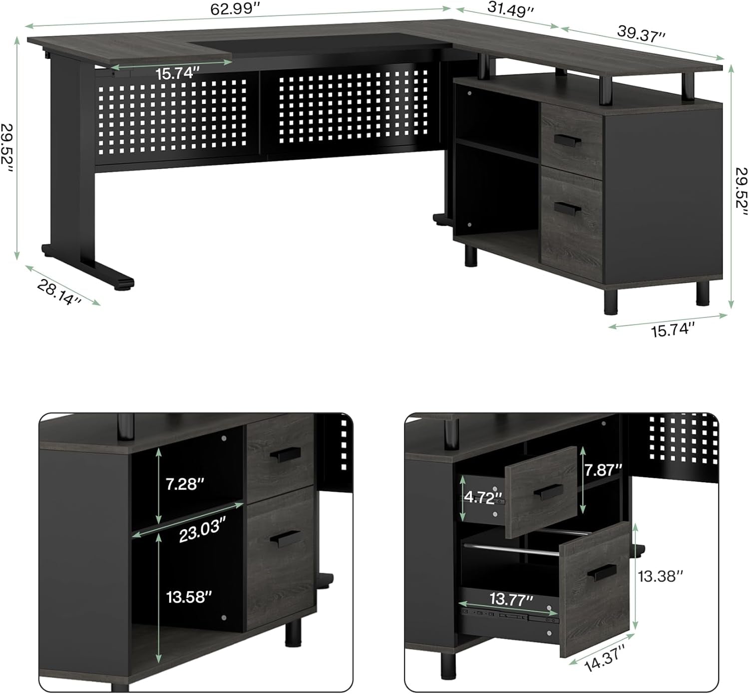 63 Inch Executive Desk with File Cabinet, Large Office Desk L Shaped Computer Desk with Drawers and Storage Shelves, Business Furniture Desk Workstation for Home Office, Gray and Black