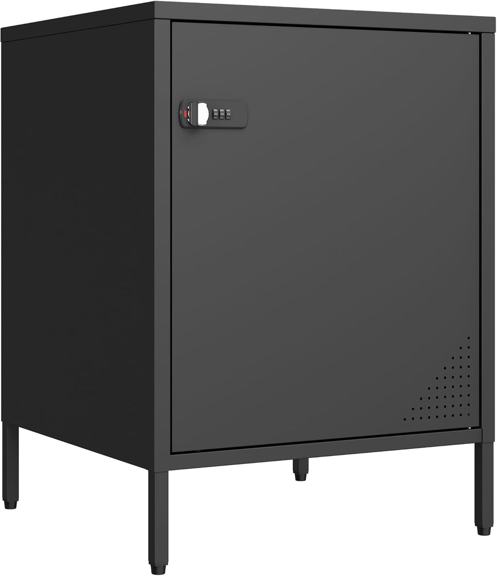 Metal Lockable Nightstand, Single Door Locker Metal End Table Small Bedside Storage Cabinet for Living Room, Bedroom, Dorm, 21.26”H X 15.75”W X 15.75”D (1 Door, Black)