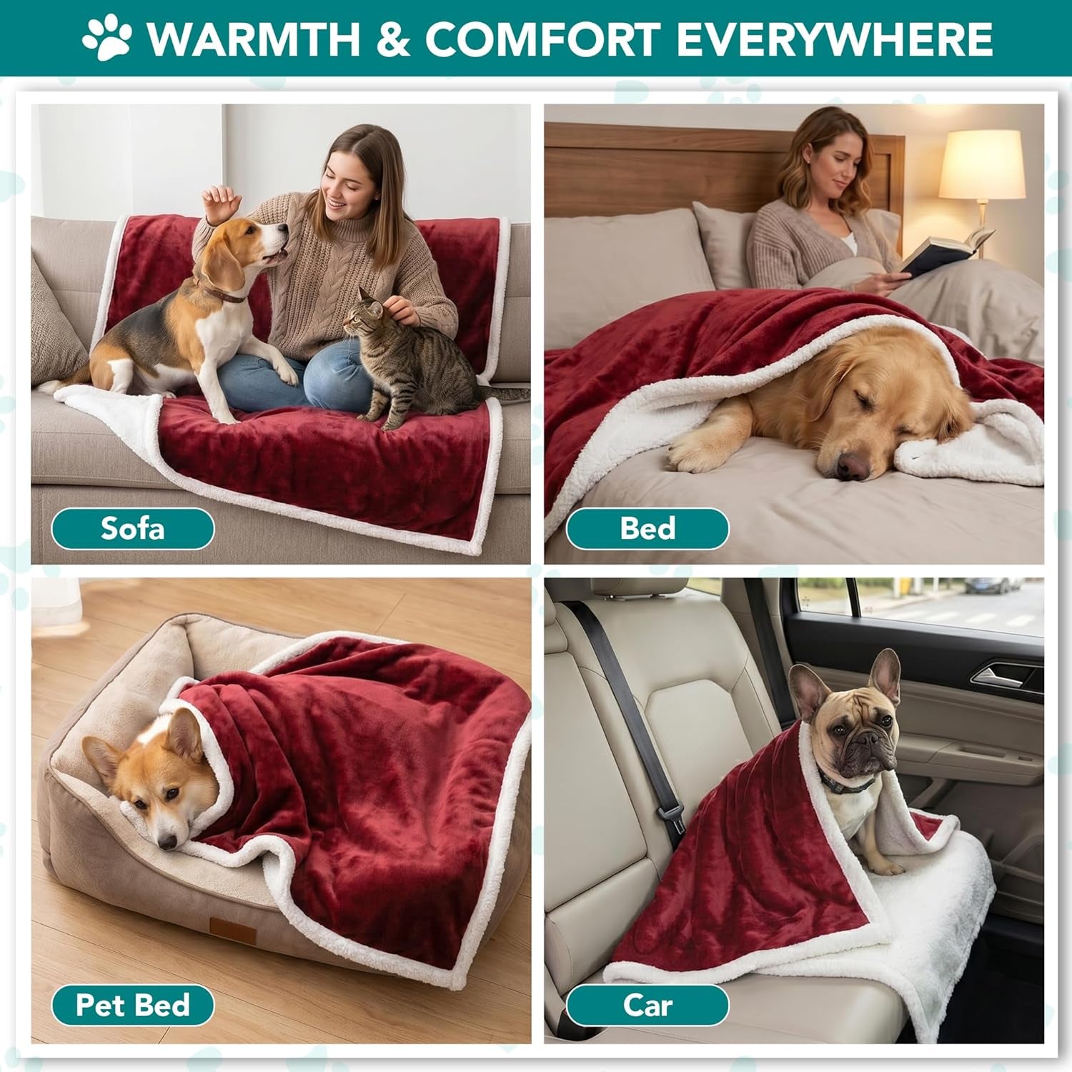 Dog Blanket for Small Medium Dogs Cats Puppies Kittens, Soft Sherpa Fleece Pet Blanket Throw, Reversible Plush Couch Cover Protector for Crate Carrier Chair, Machine Washable, 40X29, Dark Red