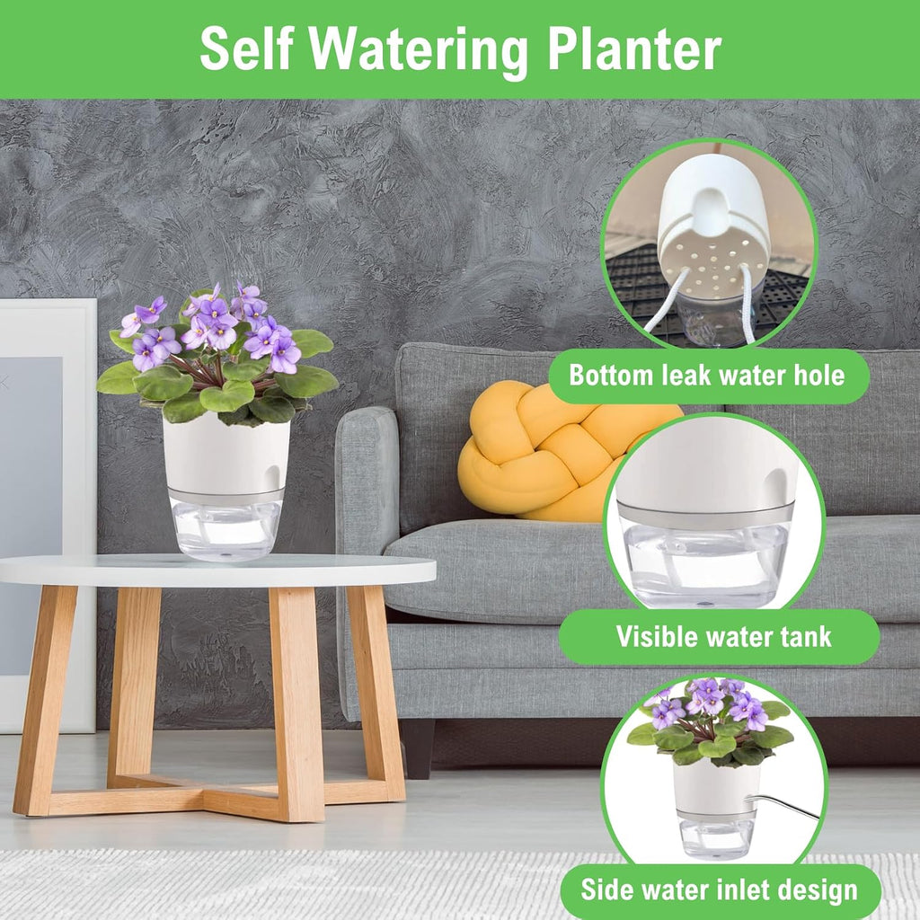 3.2 Inch Self Watering Planters 3 Pack Plastic Wicking Pots White | Modern Self-Watering Pots for African Violets Herbs and Small Plants Perfect for Windowsill Gardening