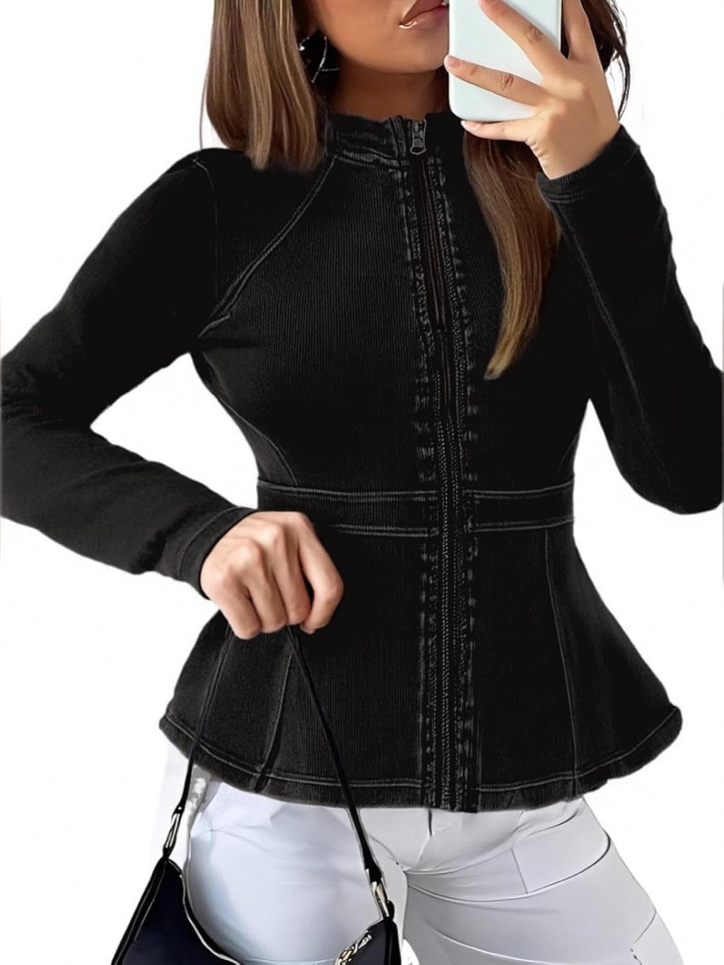 Casual Denim Peplum Jacket for Women Long Sleeve Zip Front Athletic Workout Ruffle Blazer Coats
