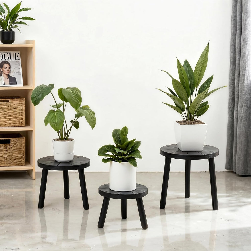 Wood Plant Stands Indoor, 3-Pack Single Plant Stand for 7-10 Inch Pots, Mid-Century Modern Plant Stool, Tall Plant Stand for Large Plants for Living Room, Balcony, Office (Black, 3-Pack)