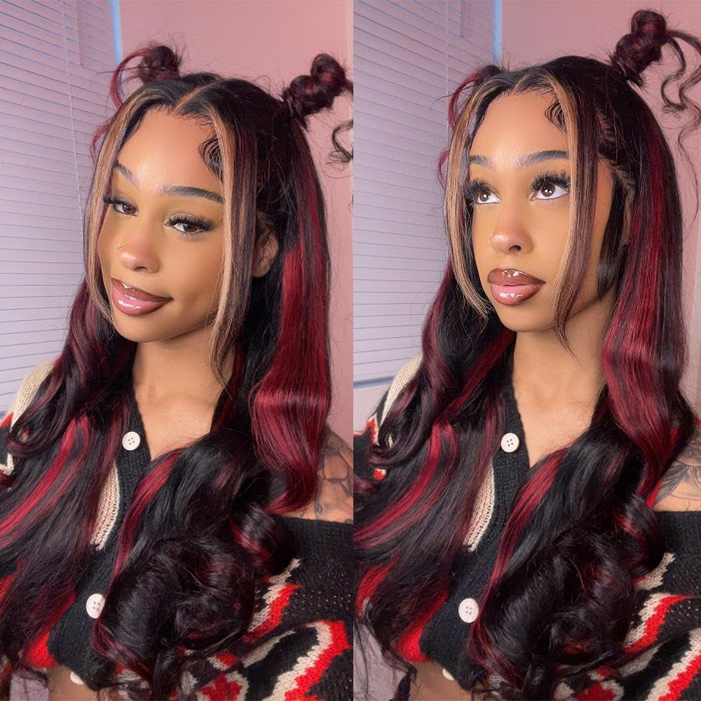 Black Red Blonde Highlight Wig Human Hair 13X4 Lace Front Wigs Human Hair Pre Plucked 180% Density Body Wave HD Lace Frontal Wig Blonde Red Highlight Glueless Colored Human Hair Wig for Women 26 Inch