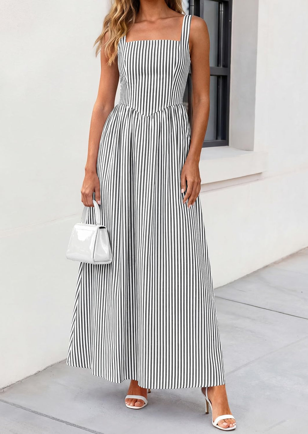 Women'S Maxi Dress Summer Striped Sundress | Sleeveless Square Neck, Long Flowy a Line, Smocked Back, Pockets, Casual Spring Outfits for Beach Vacation, Resort, Party