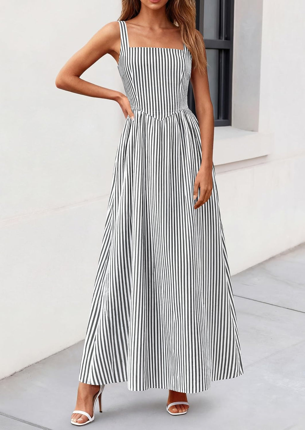 Women'S Maxi Dress Summer Striped Sundress | Sleeveless Square Neck, Long Flowy a Line, Smocked Back, Pockets, Casual Spring Outfits for Beach Vacation, Resort, Party