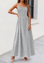 Women'S Maxi Dress Summer Striped Sundress | Sleeveless Square Neck, Long Flowy a Line, Smocked Back, Pockets, Casual Spring Outfits for Beach Vacation, Resort, Party
