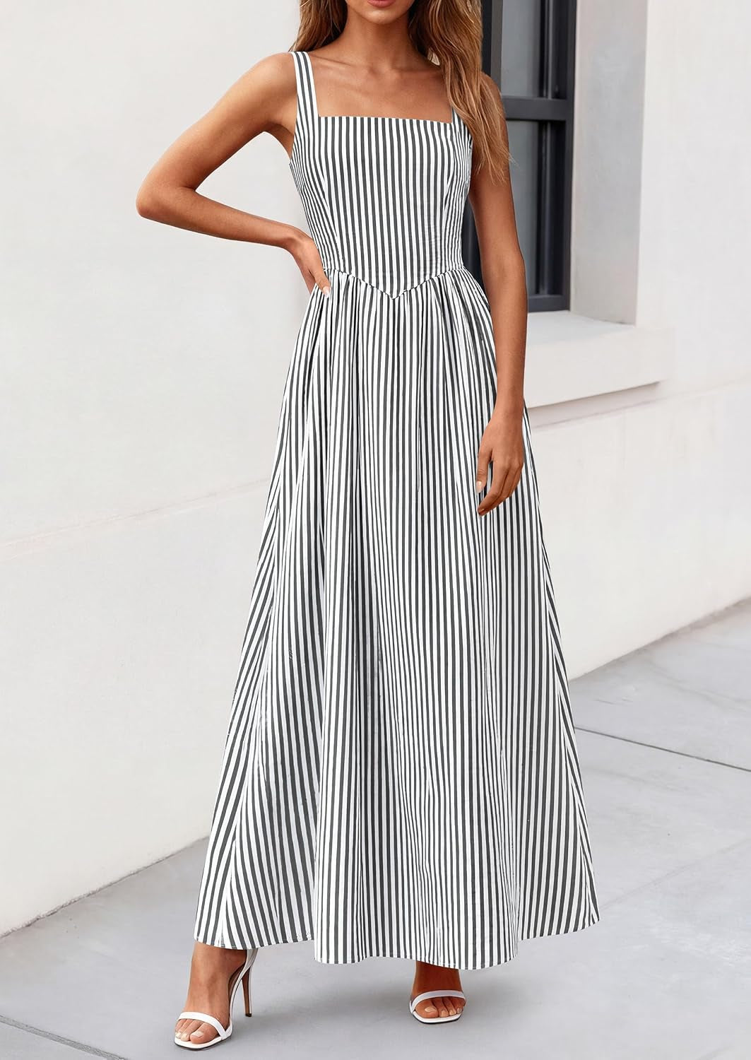 Women'S Maxi Dress Summer Striped Sundress | Sleeveless Square Neck, Long Flowy a Line, Smocked Back, Pockets, Casual Spring Outfits for Beach Vacation, Resort, Party