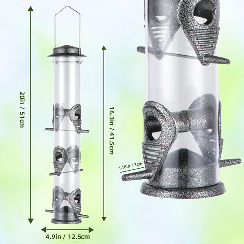 1PK Metal Bird Feeders with 6 Feeding Ports,Tube Bird Feeder with Steel Hanger,Hard Plastic Wild Bird Feeder for Outdoors Hanging, Attracting Birds in Your Lawn, Garden, Balcony-Grey