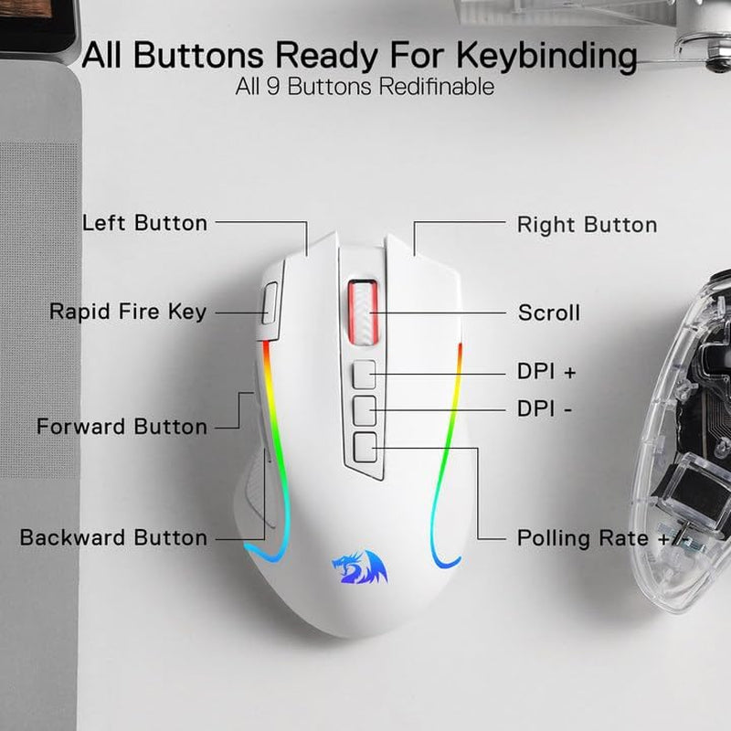 M612 Wireless RGB Optical Gaming Mouse 8000 DPI Remapping Keys | Cable-Free 0 Delay, Redefine Keybinding Macro, Vibing Backlight, Ergonomic Grip Body Comfort