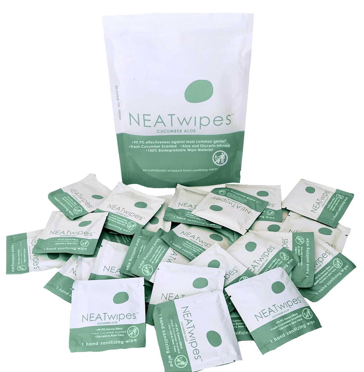 Neatwipes Hand Sanitizing Wipes | Travel Size | Disposable Wet Wipe & Biodegradable | Cucumber Aloe Essential Oil | Soothing Aloe & Glycerin | 24 Individually Wrapped Wipes