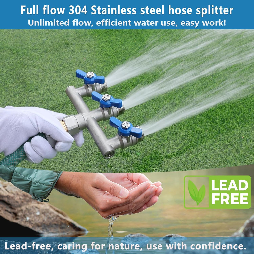 304 Stainless Steel Garden Hose Splitter 3 Way Heavy Duty, Full Flow T Valve Water Hose Splitter with 2.1" Extra Long Handle, Lead-Free，3/4" GHT Thread Connector for Outdoor Spigot Faucet