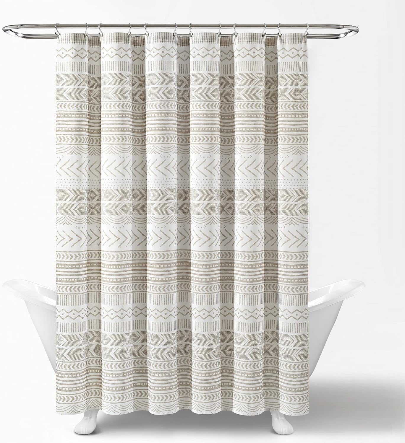 Hygge Geo Shower Curtain, 72" W X 72" L, Taupe/White - Curtain for Bathroom - Striped Bathroom Decor - Netural Color Home Accessories - White Home Accessories - Geometric Scandinavian Print