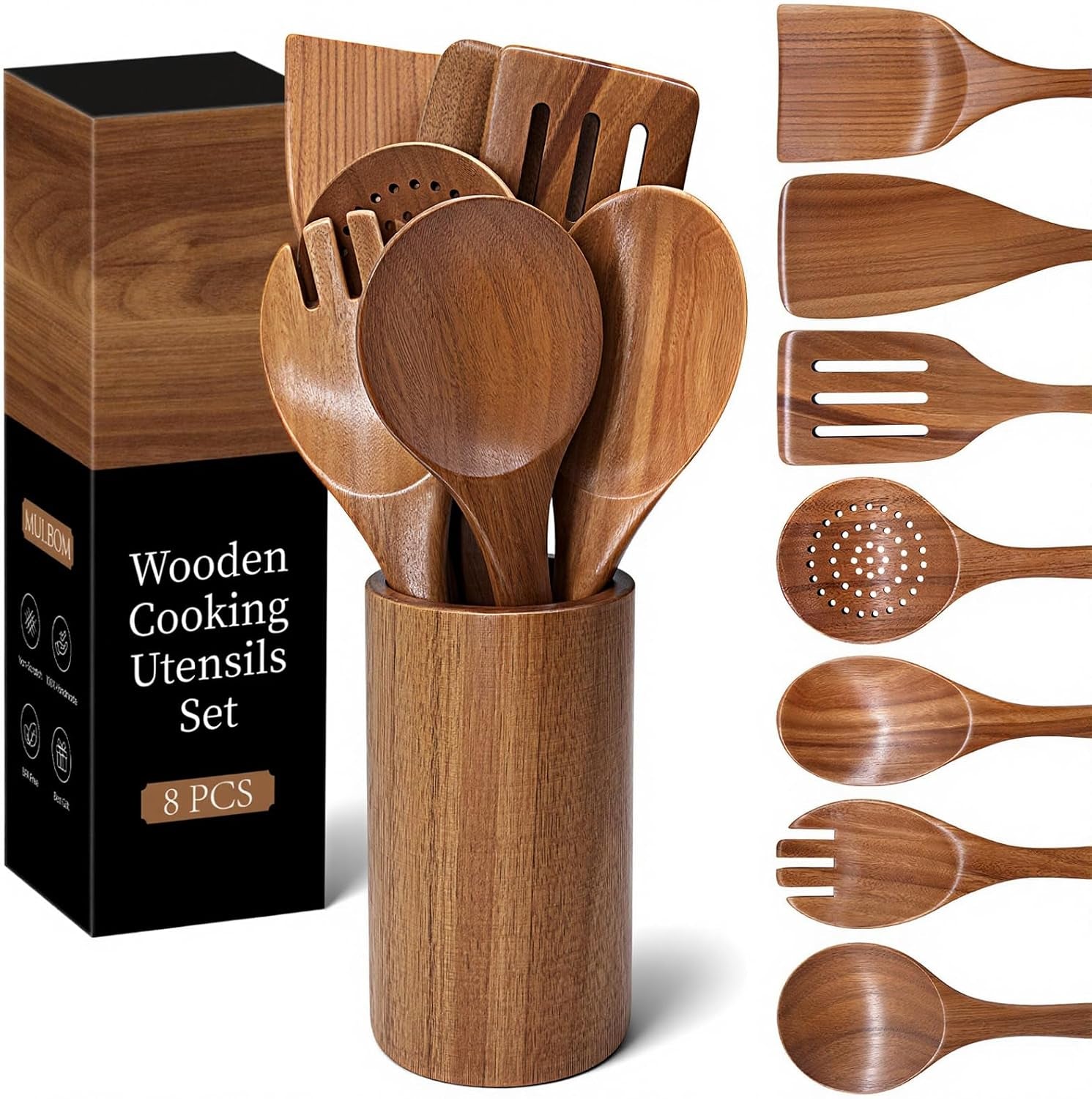 Wooden Cooking Utensils Set with Holder, 8 Pcs Teak Wood Kitchen Utensils for Nonstick Cookware, Wooden Spoons and Spatulas for Cooking, Farmhouse Kitchen Accessories