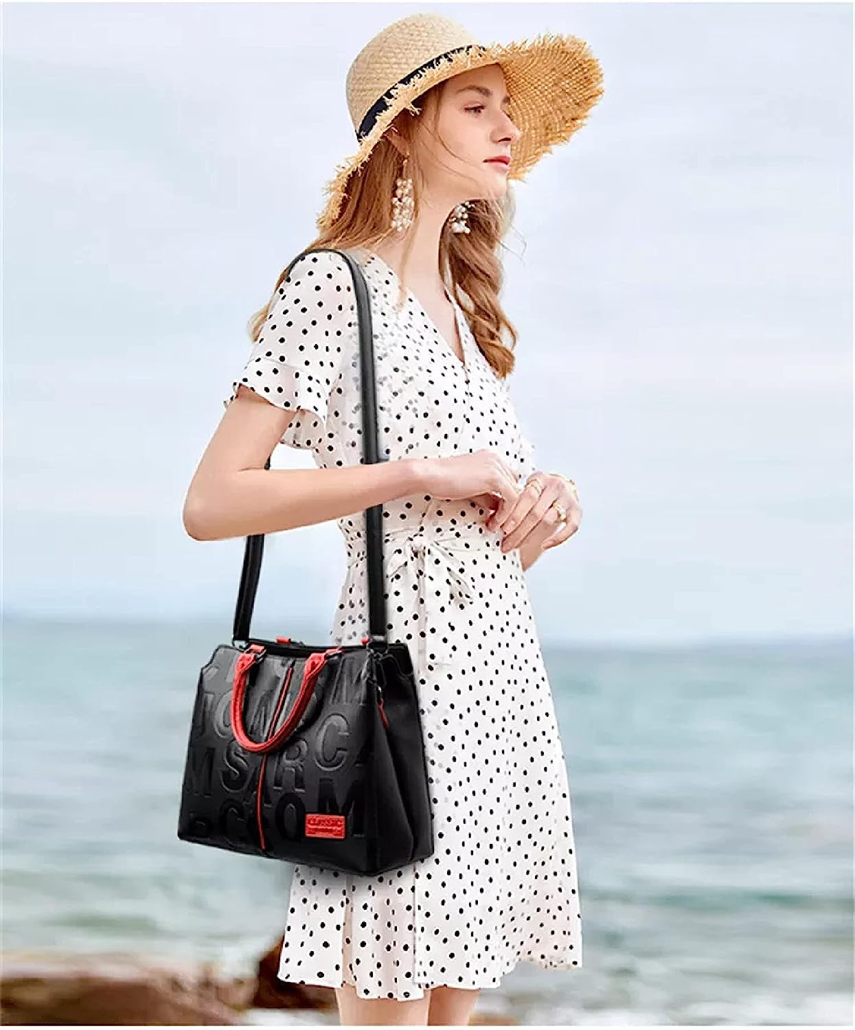Fashion Leather Black with Red Handbags Medium for Women Luxury Shoulder Bag Tote Top-Handle Satchel Purses for Ladies