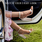White Heels Wedding Shoes for Bride Women Chunky Heels Pearl High Heels Heeled Sandals 4 Inch