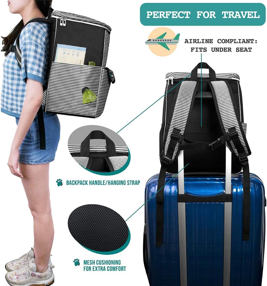 Dog Travel Backpack Airline Approved Pet Supplies Bag, Stripe Black | Cat Traveling Suitcase Organizer for Weekend Road Trip Camping; 2 Food Containers, 2 Collapsible Bowls & Poop Bag Dispenser
