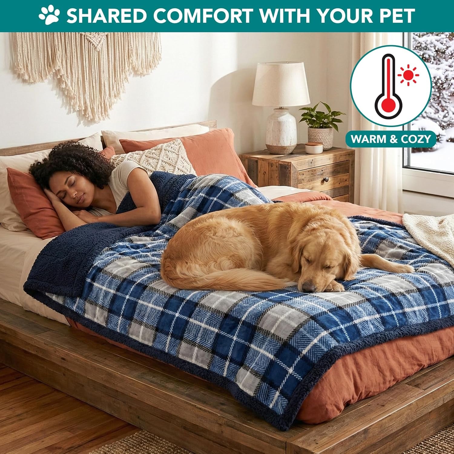 Dog Blanket for Medium Large Dogs and Pets, Soft Sherpa Fleece Pet Blanket for Cats Puppies, Reversible Plush Couch Cover Protector Sofa Bed Car Seat, Machine Washable, 80X60, Plaid Navy Blue