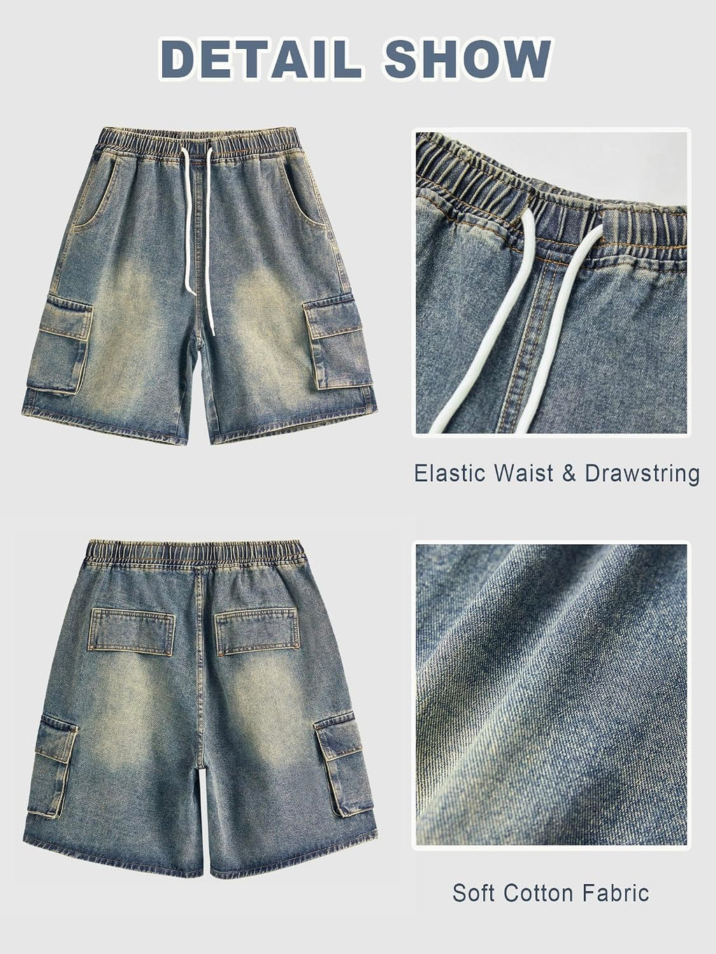 Baggy Jean Shorts Men, Y2K Jorts Cargo Ripped Elastic Waist, Mens Denim Shorts Comfy Casual Streetwear Summer