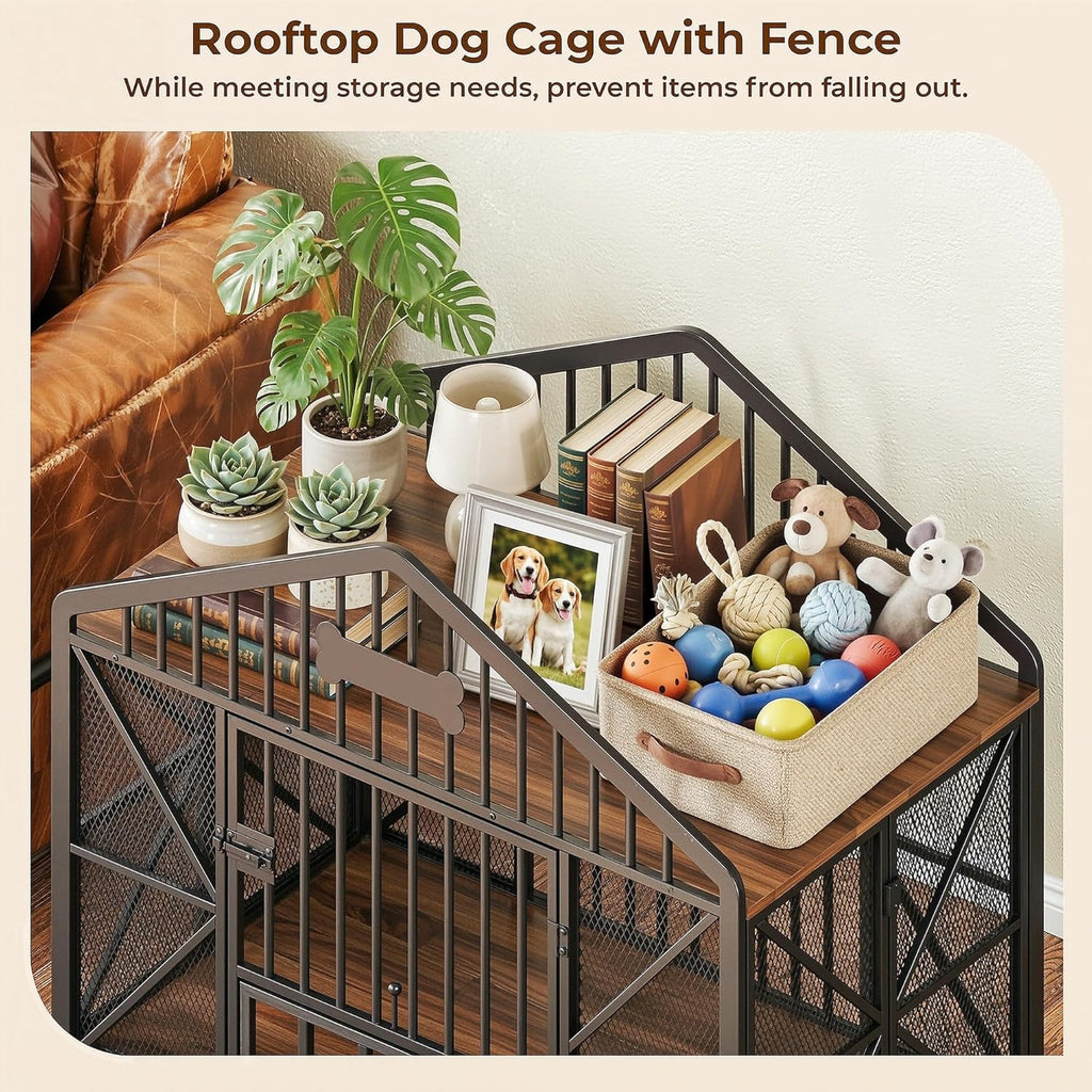 41.5" Foldable Dog Crate Furniture with 5 Wheels & Rotating Bowls | No Assembly. Foldable Frame. 5-Wheel Base. 2 Rotating Bowls. for Small/Medium Dogs. 41.5"L X 24.8"W X 35.1"H. Rustic Brown.