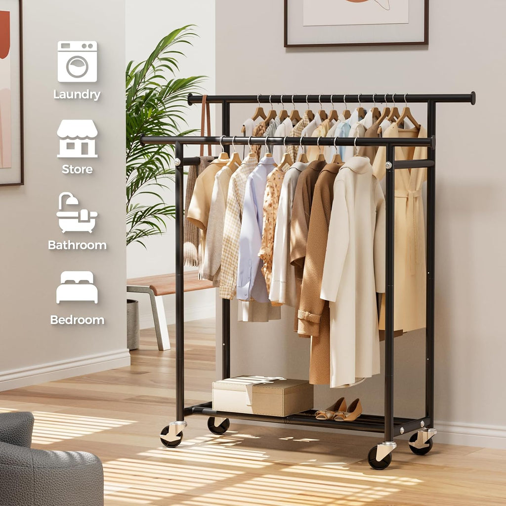 Clothes Rack, Double Rods Rolling Clothing Rack for Hanging Clothes, Portable Garment Rack with Wheels, Coat Rack Wardrobe Closet Load 240 LBS for Bedroom Laundry Room (Black, L)