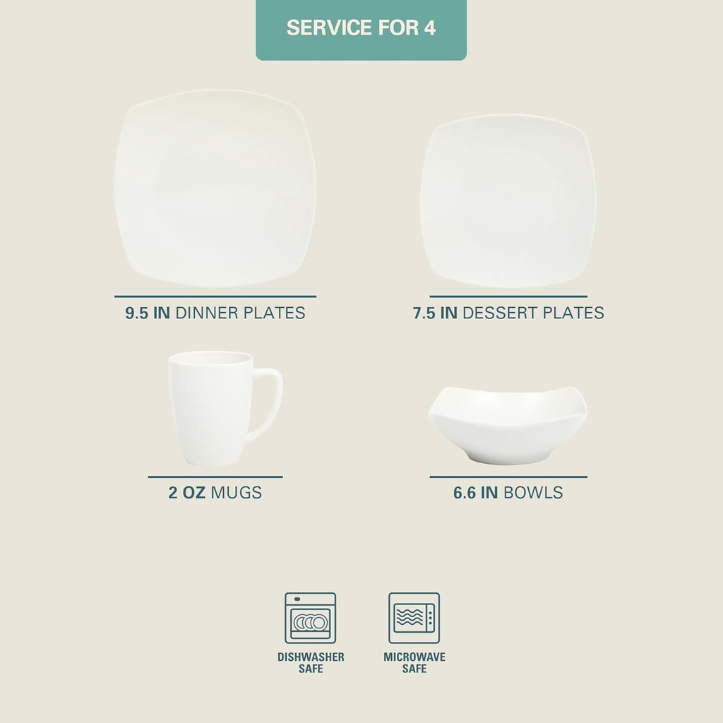 Zen Buffet White Porcelain Dinnerware Set for 4, Square Plates Bowls and Mugs, Chip and Scratch Resistant, Dishwasher and Microwave Safe, 16 Piece