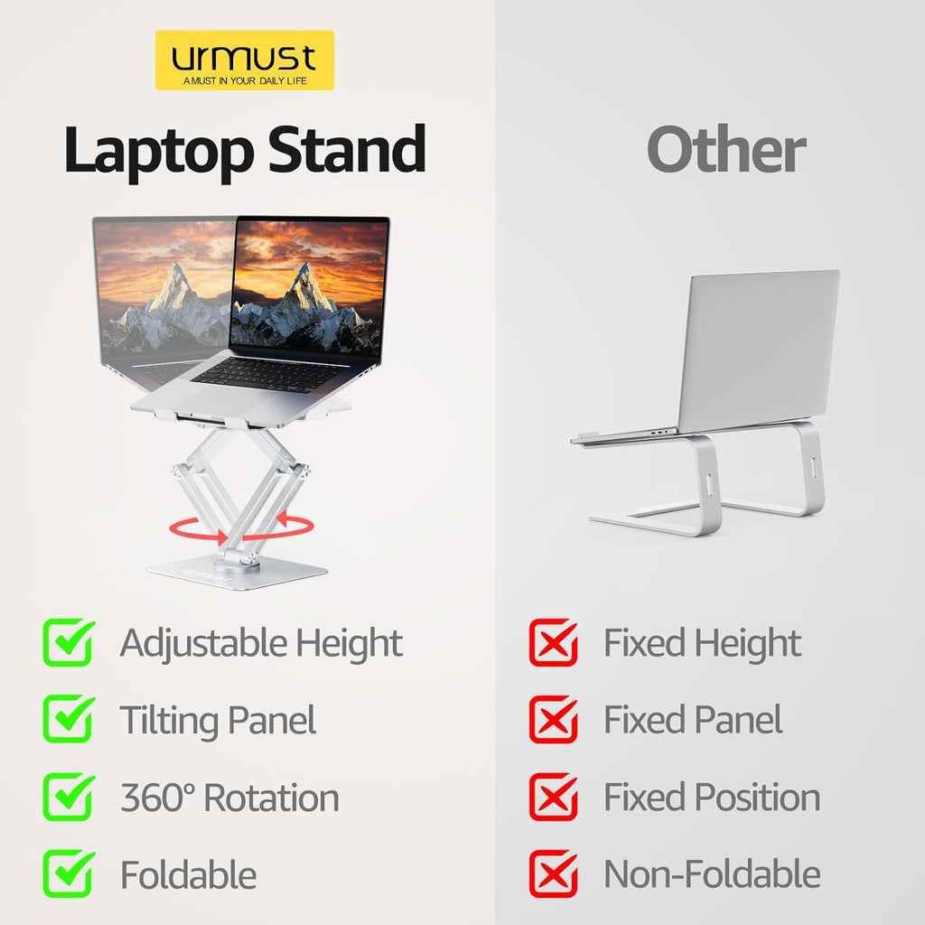 360° Rotating Laptop Stand for Desk Fit 10-17" Device | Adjustable Height, Ergonomic Laptop Riser Standing Desk Converter, Macbook Stand, Aluminum Computer Riser Holder