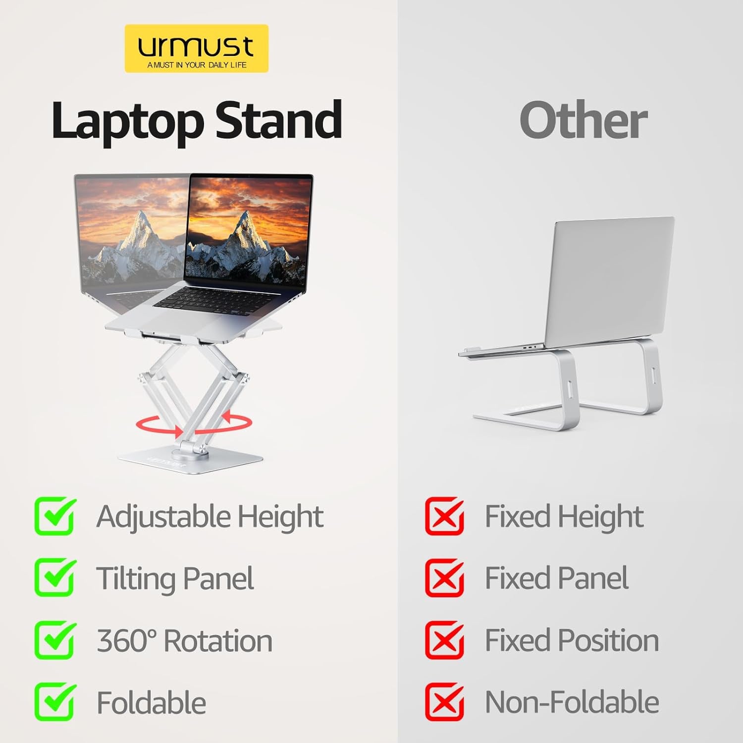 360° Rotating Laptop Stand for Desk Fit 10-17" Device | Adjustable Height, Ergonomic Laptop Riser Standing Desk Converter, Macbook Stand, Aluminum Computer Riser Holder