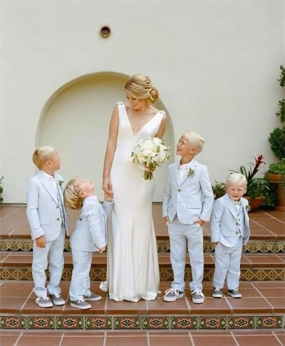 Boys Linen Suit Boys Tuxedo Slim Fit 3 Piece Summer Suit Kids Linen Suit Jacket Vest Pant (White,8 Years)