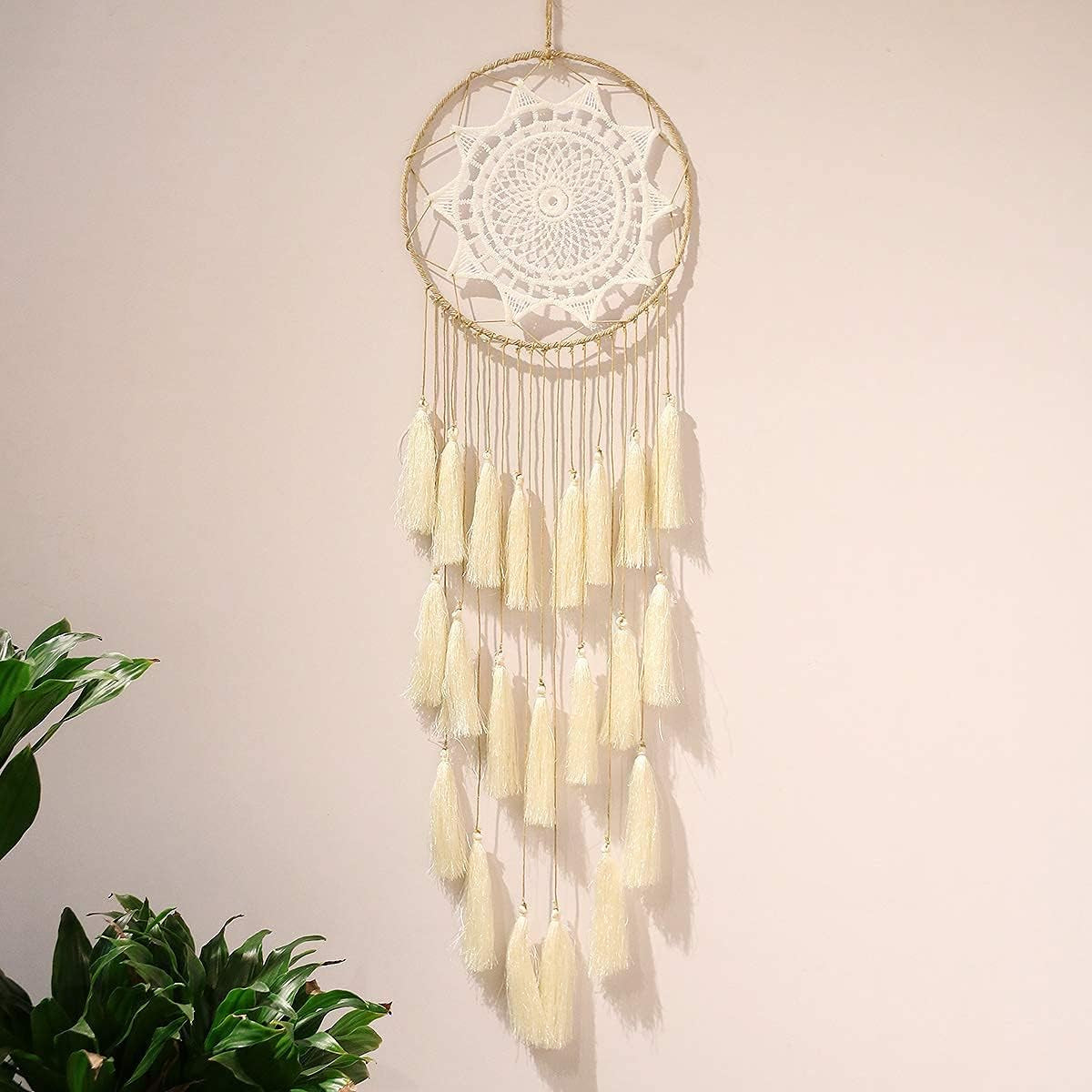 Macrame Dream Catcher Wall Hanging, Beige Large Boho Bedroom Decor | Handmade Tassel Feather Ornament, Natural Cotton, Modern Chic Living Room Nursery Art Decor, Blessing Gift for Women Girls