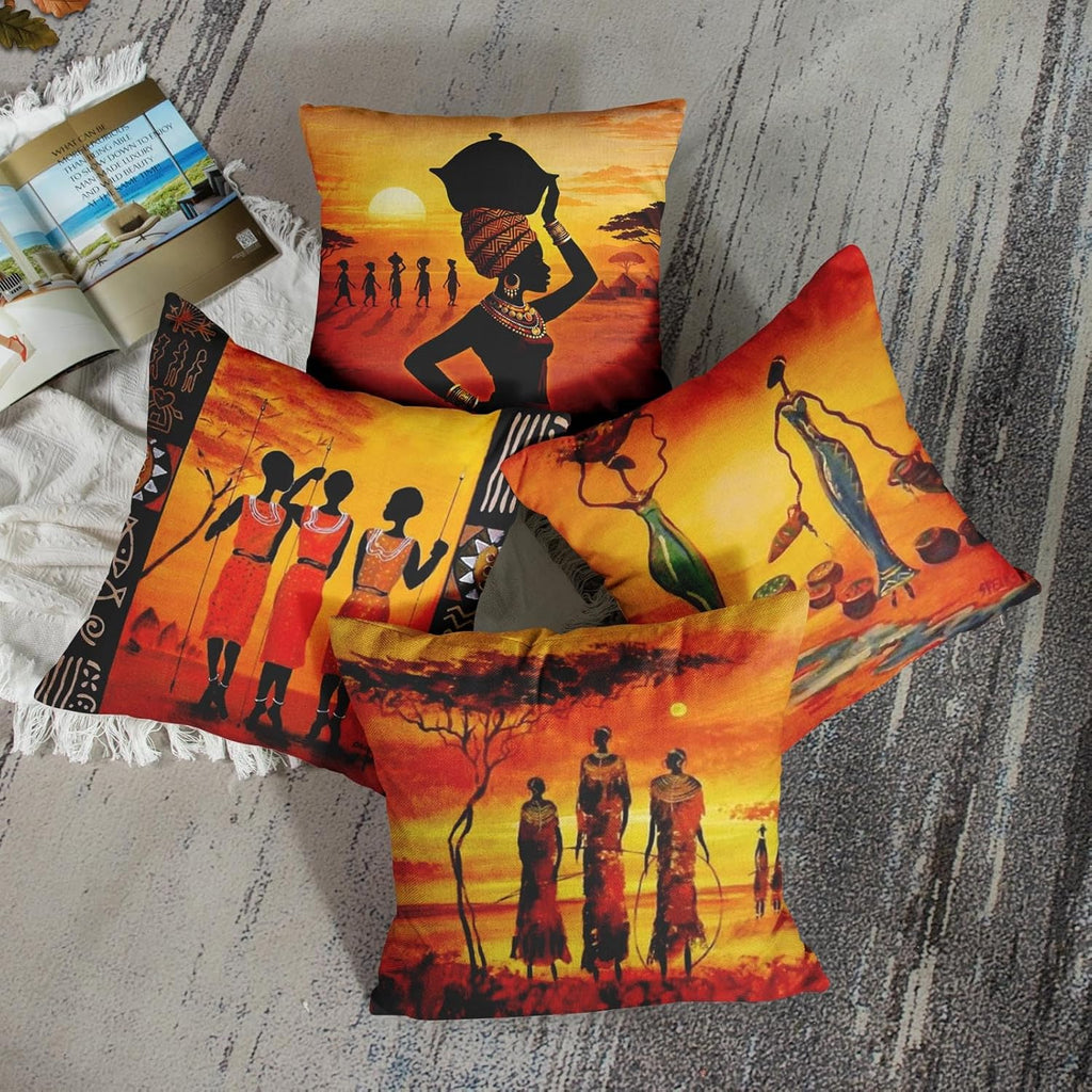 Linen Throw Pillow Covers Set of 4, 18 X 18 Inch, African Ethnic | Tribe Lady Lips, Outdoor Decorative Square Pillow Cases Couch Cushion Case for Couch Bed Sofa Living Room Home Decor