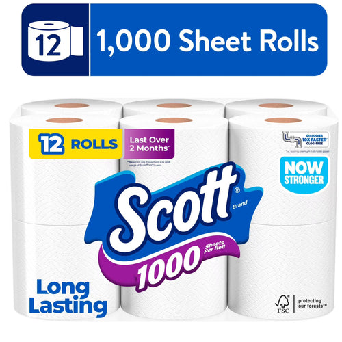1000 Toilet Paper, 12 Rolls, 1,000 Sheets per Roll