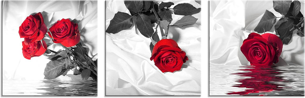 Canvas Print 3 Pcs Black White and Red Wall Art Rose Wall Decor Abstract Decorations Flower Picture on Canvas for Home Decor Stretched and Framed 12X12Inches