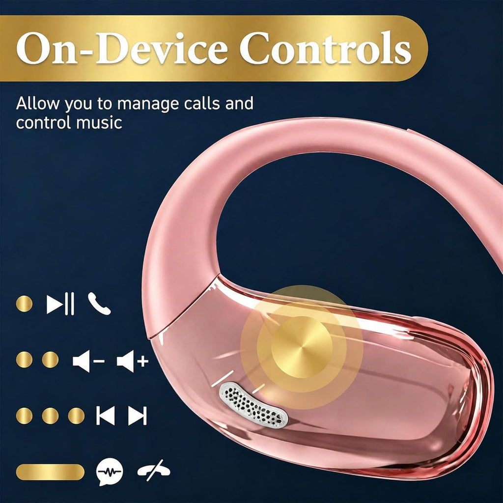 Open Ear Headphones, Wireless Headphones with Smart Digital Display & Mic, Open Ear Earbuds 35H Playtime, Sweat Resistant & Waterproof, Secure Comfortable Fit - Running, Sport, Daily (Rose Gold)