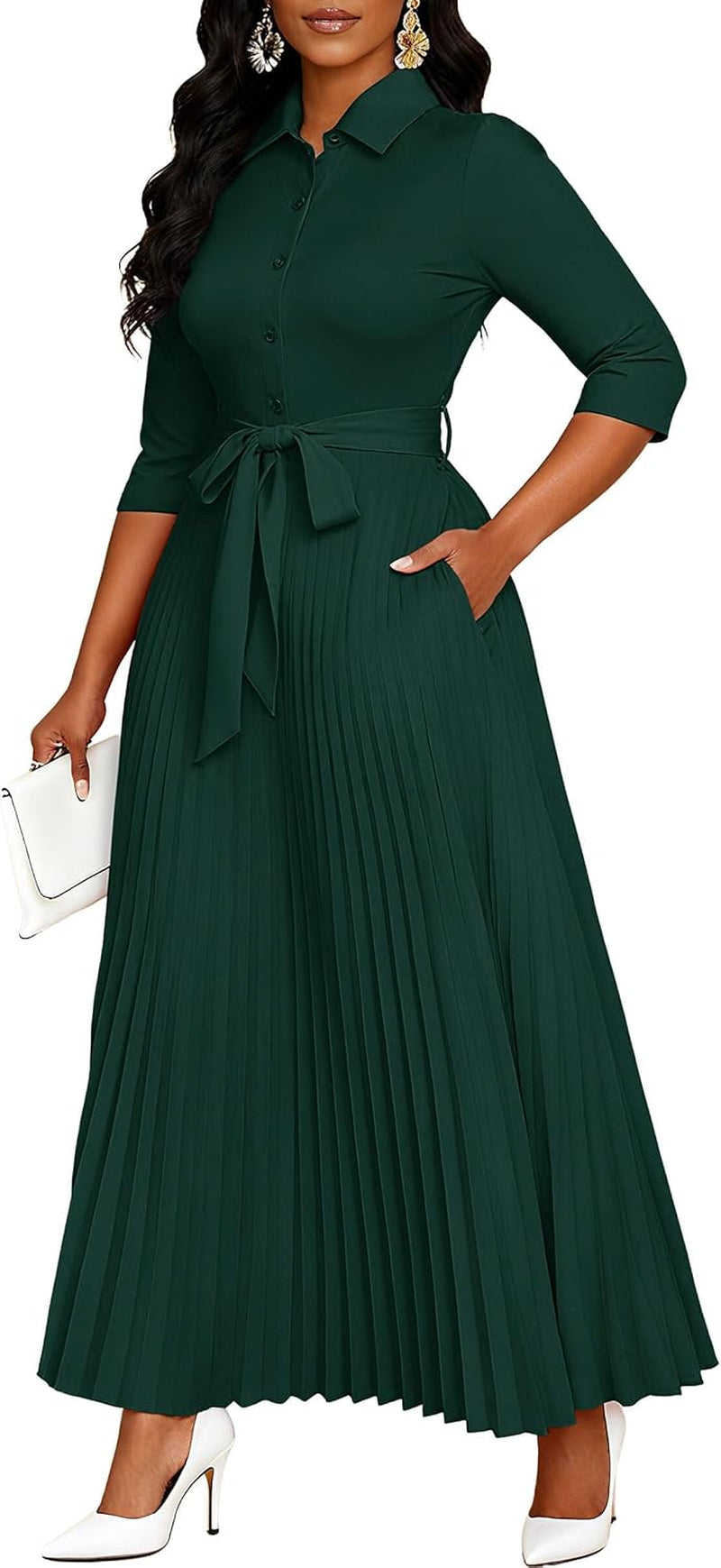Womens Maxi Dress 3/4 Sleeve Button down Pleated Church Work Dress | Business Casual Lapel Neck Work Dress with Pockets/ Elegant Tie Waist Wedding Guest Dress with Belt/ Solid Color