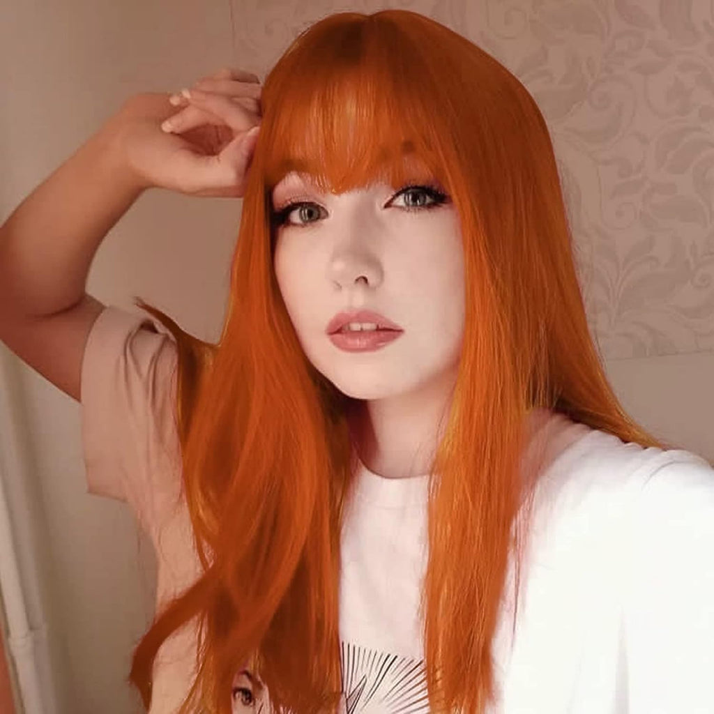 Hair Cap+32 In/ 80 Cm Long Straight Orange Wig with Bangs Synthetic Hair Peluca Naranja Cosplay Wigs for Anime Cosplay Wig Long Ginger Wigs with Bangs for Halloween Women Ginger Costume Wigs
