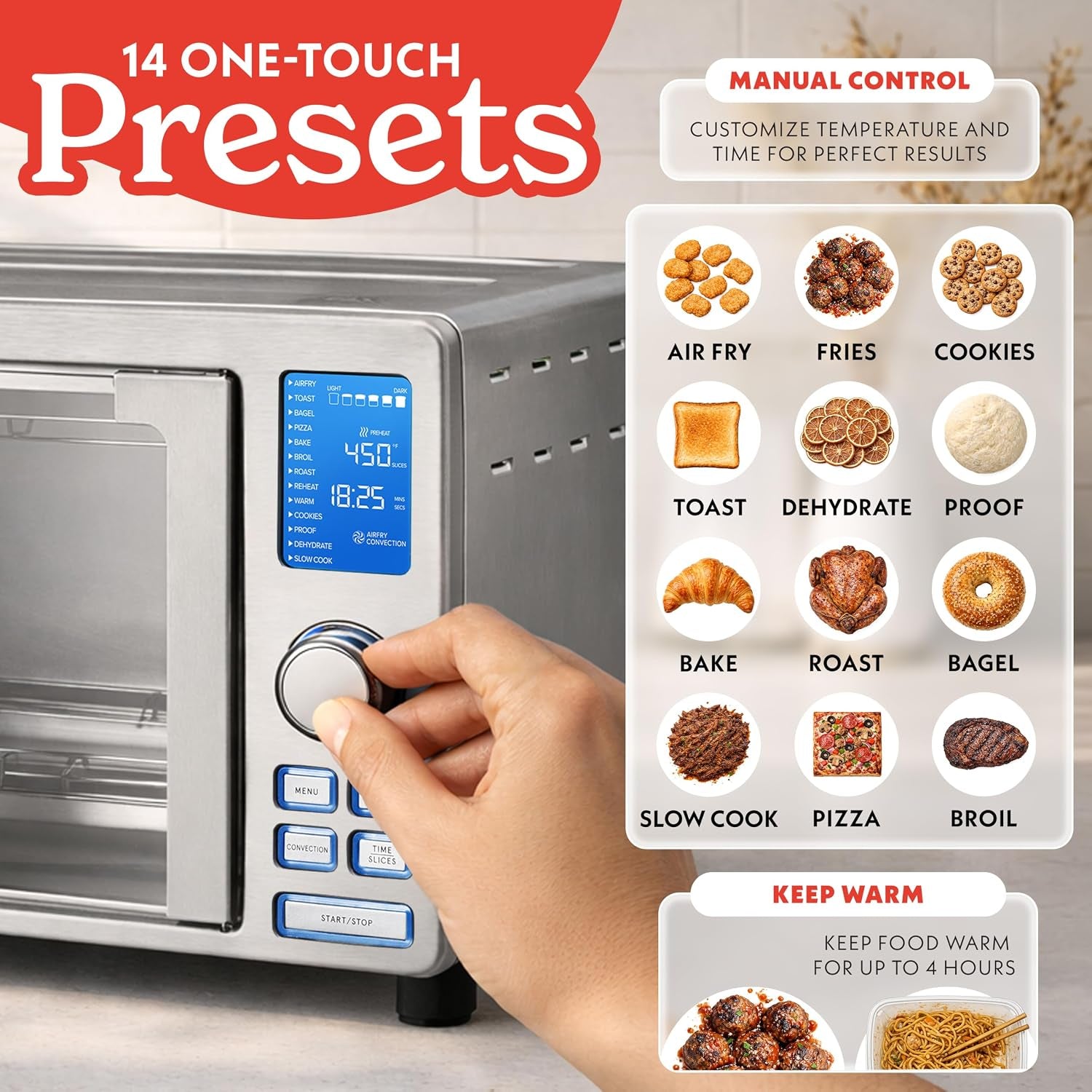 Air Fryer French Door Toaster Oven - 6-Slice Capacity, LED Display with 14 Cooking Presets, Stainless Steel