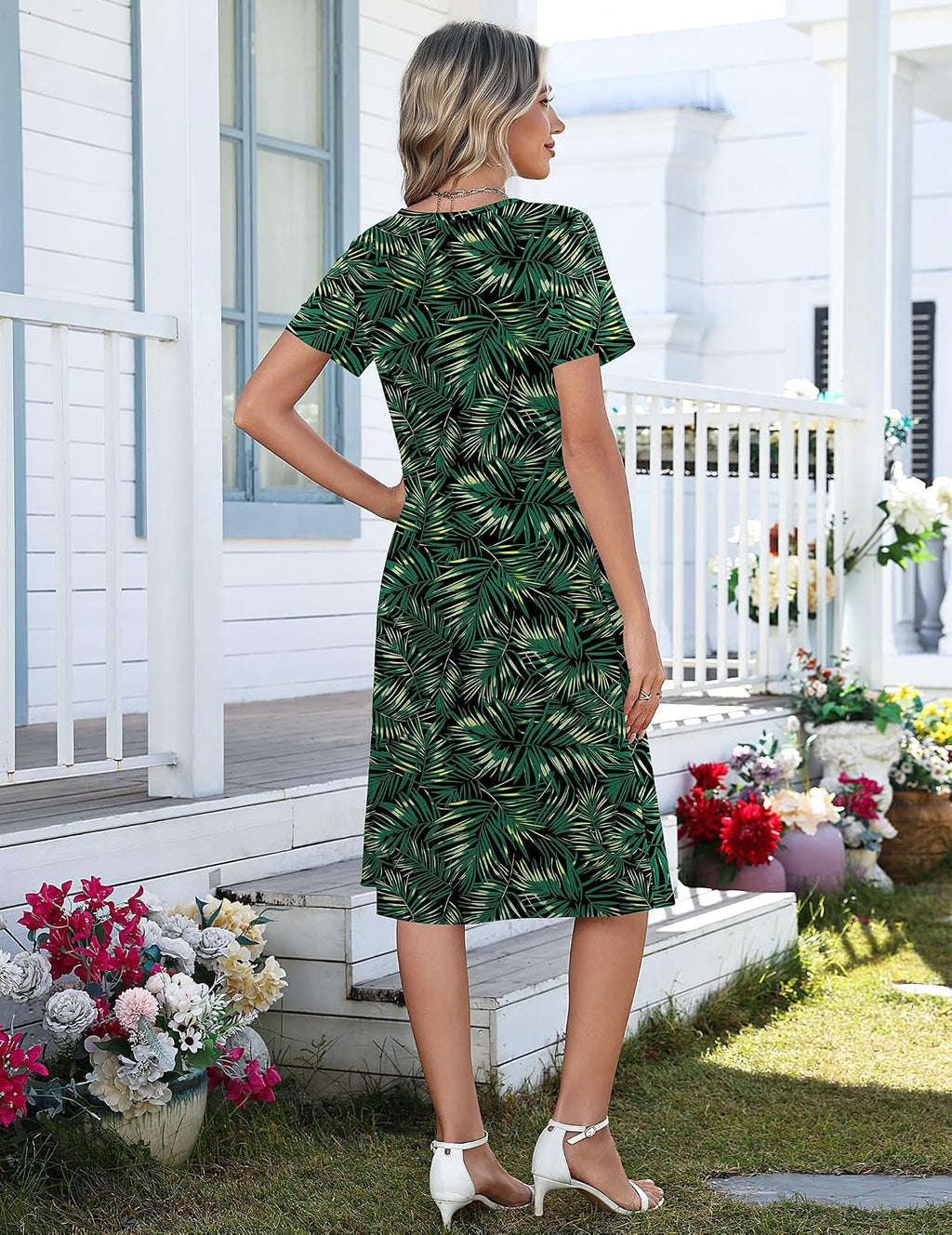 Women Summer Dresses Casual Short Sleeve Midi Dress with Pockets | Empire Waist, a Line, V Neck, Button Decor, Floral, Flowy, Loose Fit, Beach Vacation T Shirt Sundress