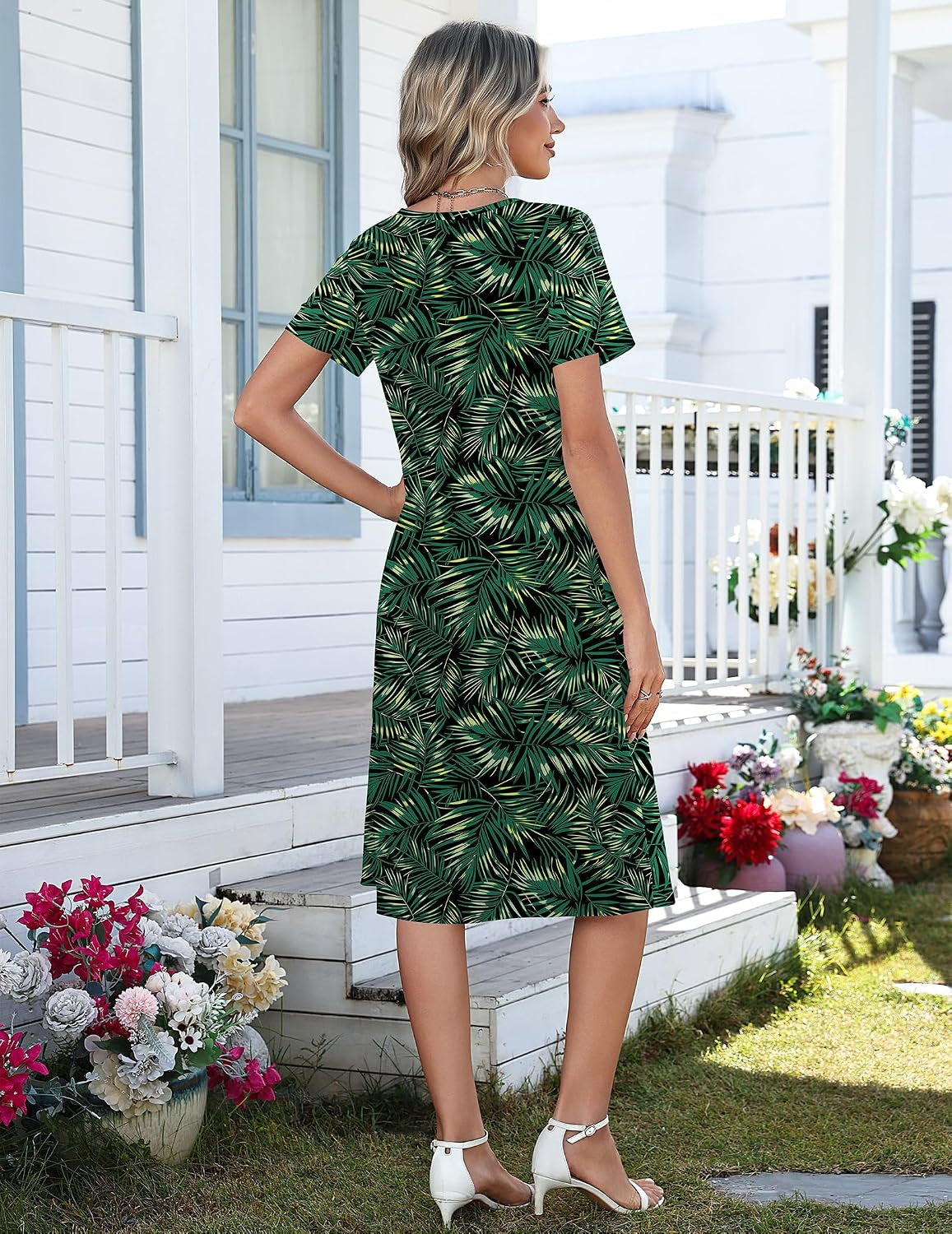 Women Summer Dresses Casual Short Sleeve Midi Dress with Pockets | Empire Waist, a Line, V Neck, Button Decor, Floral, Flowy, Loose Fit, Beach Vacation T Shirt Sundress