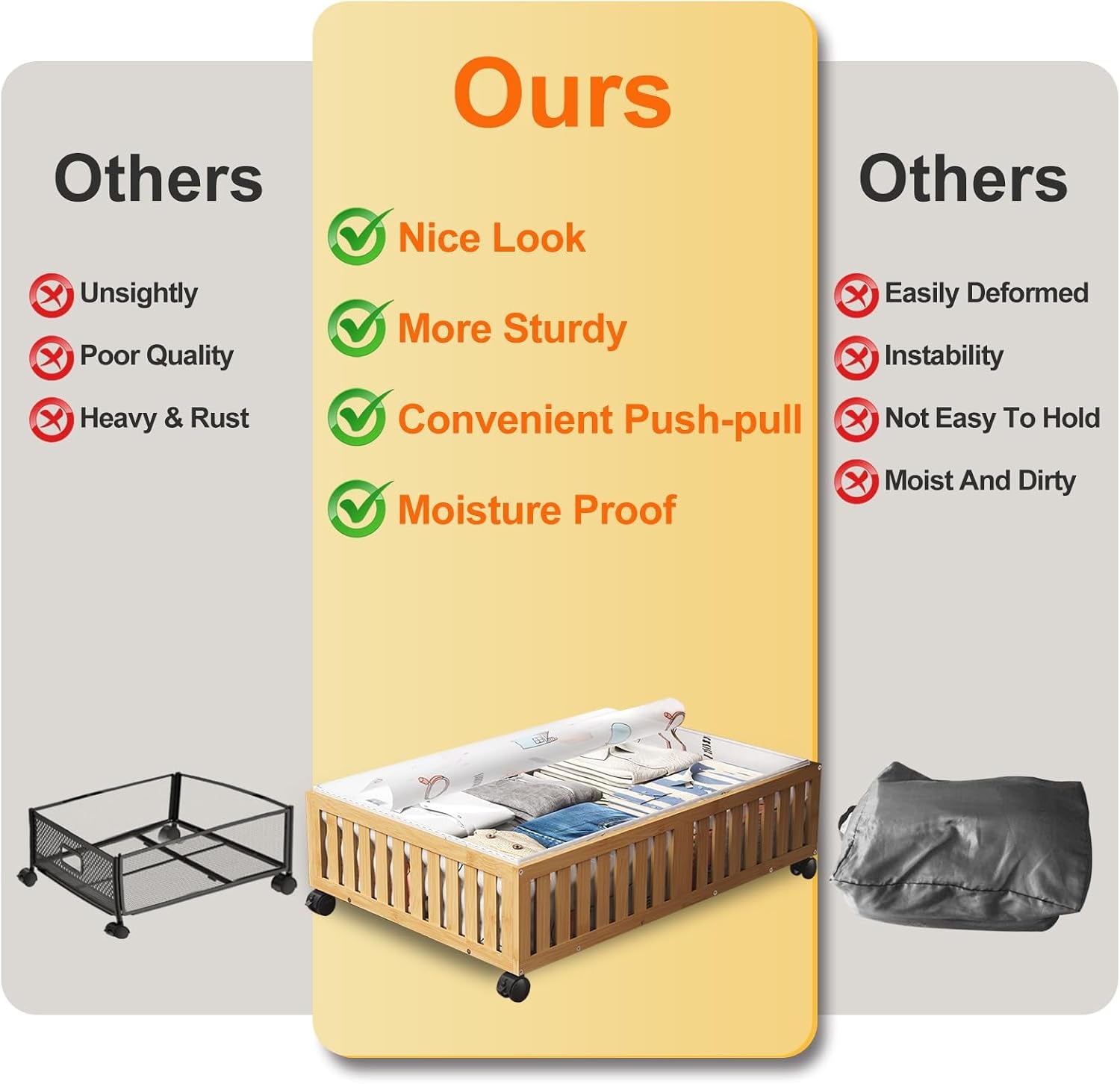 Bamboo under Bed Storage Containers with Wheels, 40L Underbed Drawers with Dust Bag, Breathable under Bed Shoe Storage, Rolling Underbed Clothes Storage, 2Pack